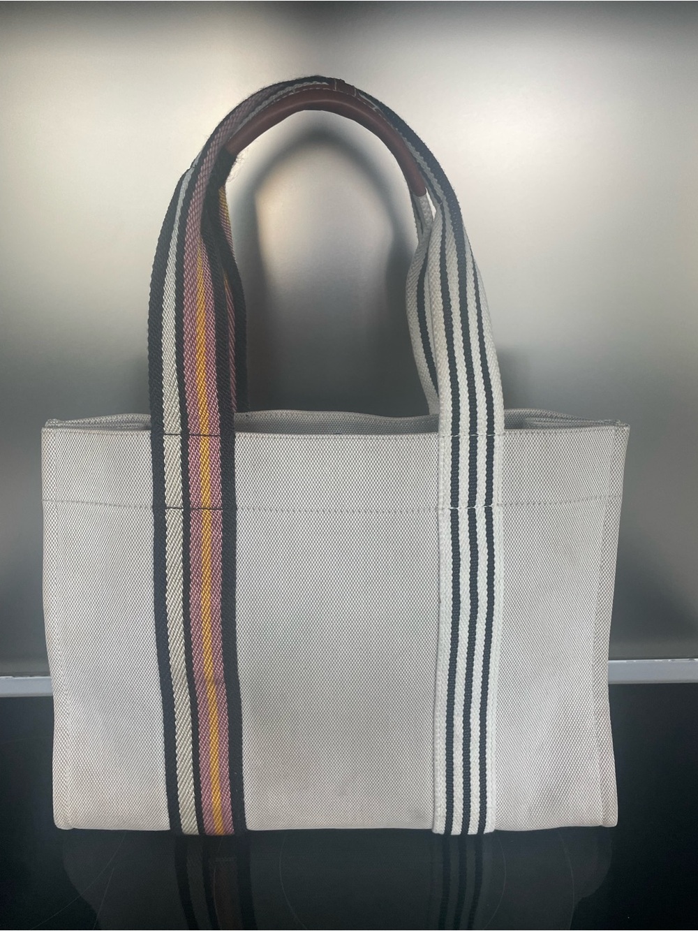 Tory Burch Cream Canvas Tote with Multicolor Striped Handles